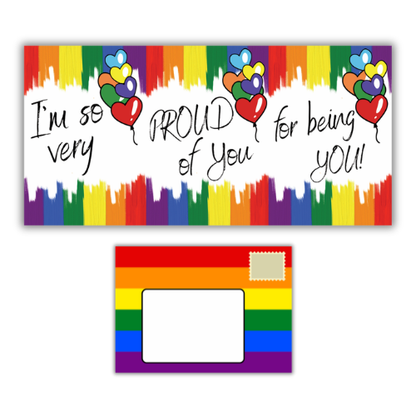 Colorful trifold coming out card from Bare Cards with rainbow design and text, featuring balloons and a square frame. Built-in rainbow posting cover shown below all on a white background.