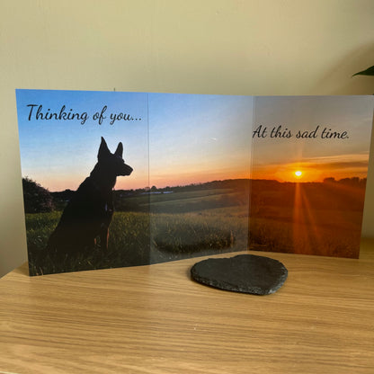 The image depicts a photo of the Bare Cards Dog Photo Sentiment Card 'Thinking you' with the full trifold image open showing a  dog looking up across the fields at the sunset. The caption on the card reads 'Thinking of you at this sad time.'