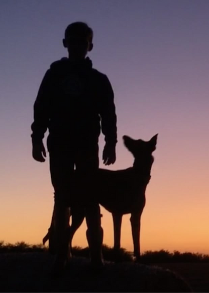The image shows the front of the Bare Cards Dog Photo Sentiment Card 'I've got you' showing a silhouette of a boy with his dog looking up at him on a sunset background.