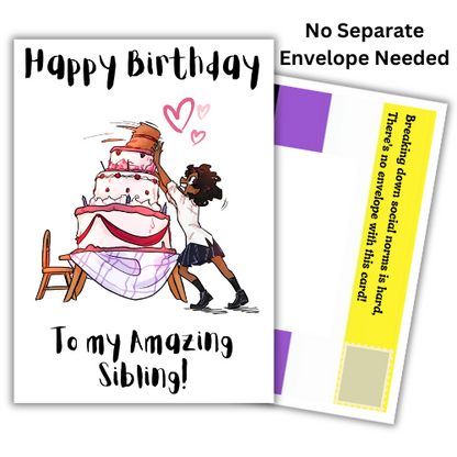 Non-binary birthday card for a sibling featuring birthday cake artwork, Non-Binary Pride Flag posting covers and Bare Cards' patented self-sealing envelope-free design.