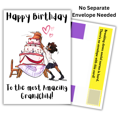 Non-binary birthday card for a grandchild featuring birthday cake artwork, Non-Binary Pride Flag posting covers and Bare Cards' patented self-sealing envelope-free design.