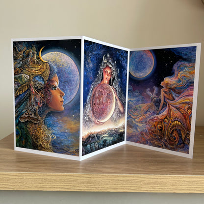 Three-panel self-sealing greetings card UK with artistic fantasy designs featuring Josephine Wall paintings of the moon goddess Diana and mystical moon paintings on a wooden surface