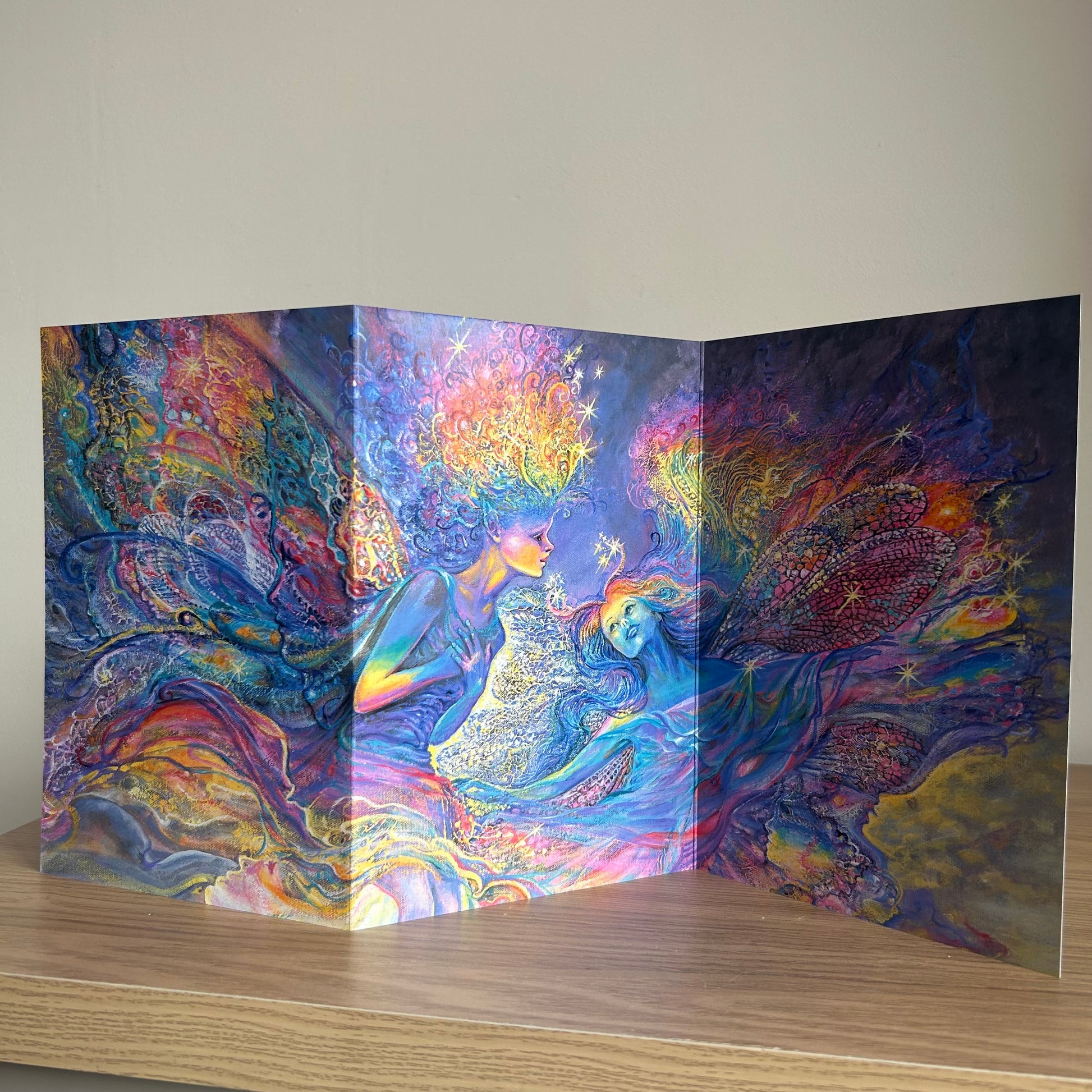 Trifold self-sealing greetings card featuring fantasy fairies rainbow art
