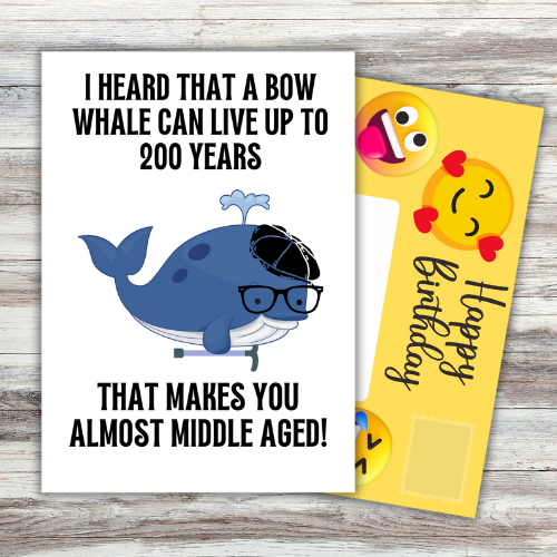 Image shows front of card which reads 'I heard that a bow whale can live up to 200 years. That males you almost middle aged' with a picture of a bow whale wearing a hat and glasses and carrying a walking stick. Yellow fully-illustrated Front posting page is sticking out behind card.