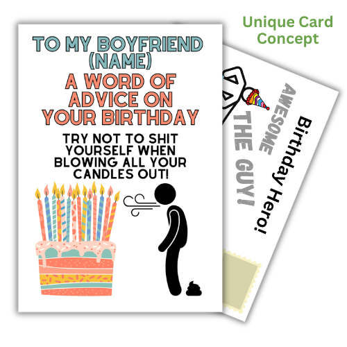 Funny male humour self-sealing birthday card for boyfriend, Word Of Advice design, UK-made eco-friendly card
