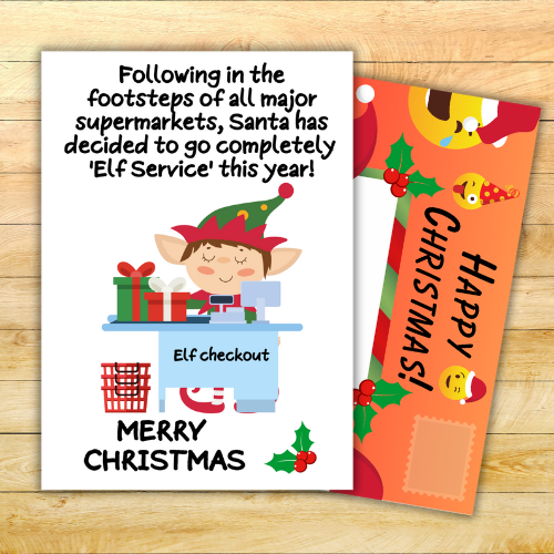 Image shows the front of the Santa Says Elf checkout christmas card explaining that santa has decided to go fully Elf Service this year following in the footsteps of all major supermarkets and shows the fully-illustrated posting pages with red background and Christmas emojis behind