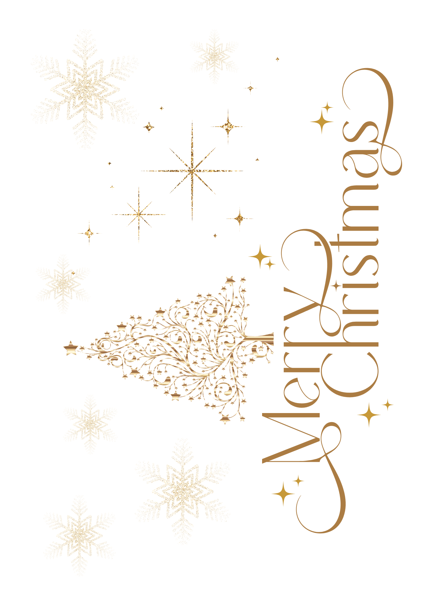 Gold 'Merry Christmas' text with decorative elements on a white background