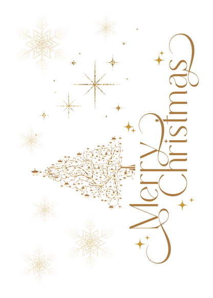 Gold 'Merry Christmas' text with decorative elements on a white background