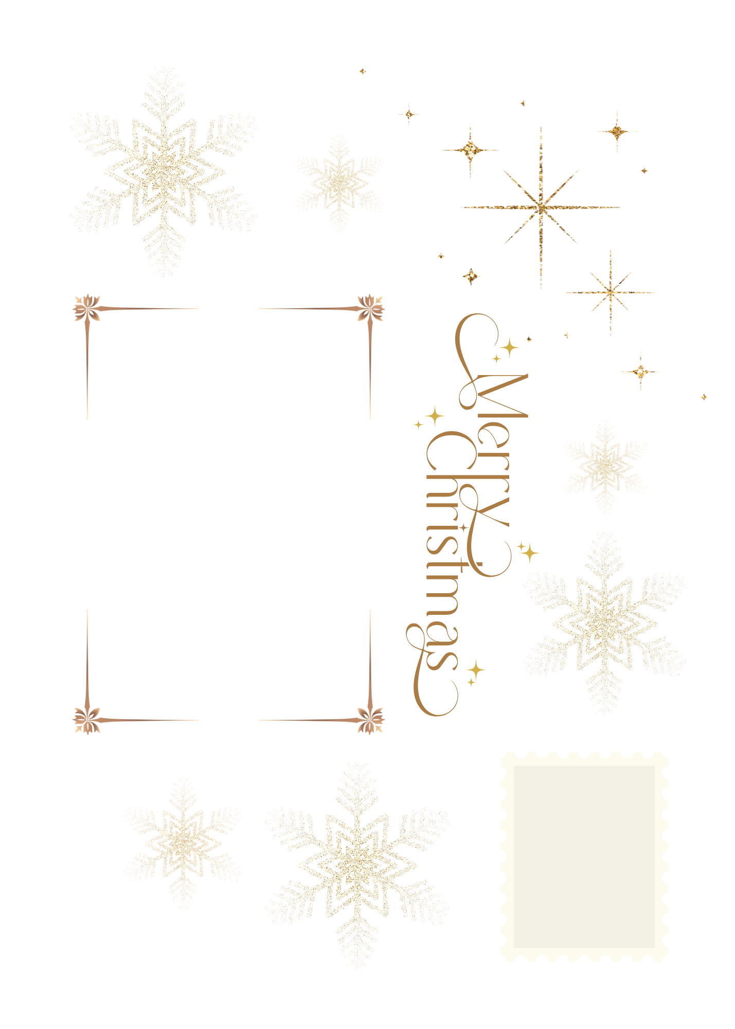 Decorative card with 'Merry Christmas' text and gold snowflakes on a white background