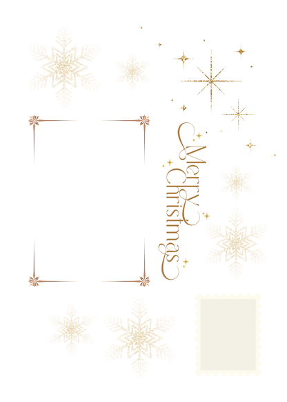 Decorative card with 'Merry Christmas' text and gold snowflakes on a white background