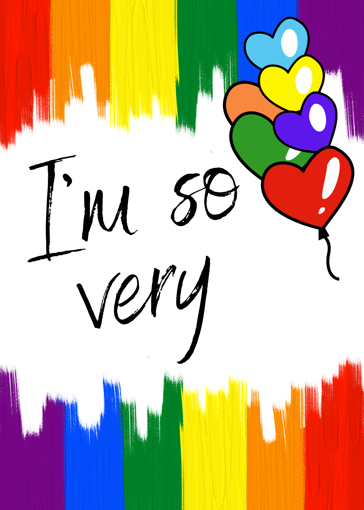 Page 1 of the Bare Cards coming out celebrations card with colorful rainbow pattern with heart balloons and text 'I'm so very' on a white background