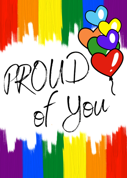 Page 2 of the Bare Cards coming out celebrations card with colorful design with hearts and 'PROUD of You' text on a rainbow background