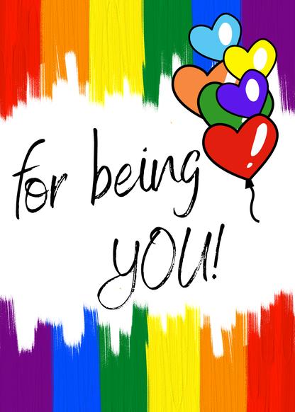 Page 3 of the Bare Cards coming out celebrations card with colorful heart balloons with 'for being YOU!' text on a rainbow background