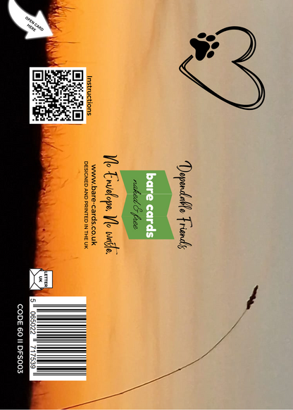 The image shows the back of the built-in envelope for the Bare Cards 'Dependable Friends' Trifold Sentiment Range. It shows a silhouette of a single ear of corn rising from a field on a sunset background and the outline of a black heart with a dog paw. In the middle is the Bare Cards Logo and the tagline 'No envelope, No waste'. It also shows the website and a QR code which will take you to instructions on how to fold and seal your card. There is a barcode and the SKU DFS003