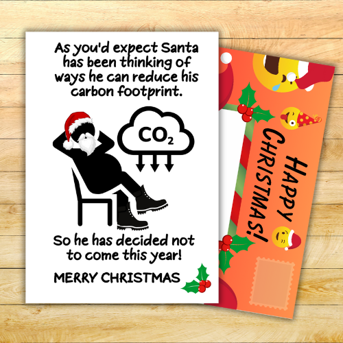 Image shows the front of the Santa Says Eco Santa Christmas Card and shows the fully-illustrated posting pages with red background and Christmas emojis behind