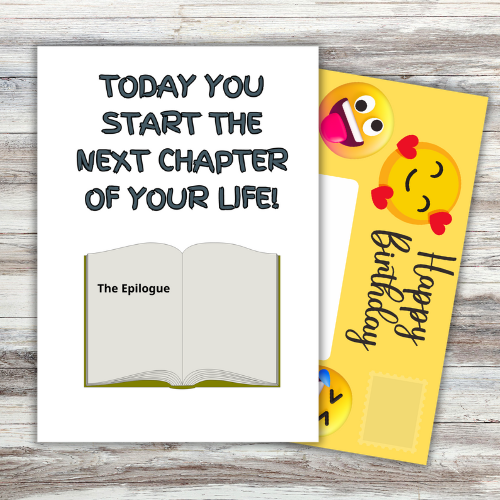 Image shows front of card which reads 'Today you start the next chapter of your life' with a picture of a book open at the page reading 'The Epilogue'. Yellow fully-illustrated Front posting page is sticking out behind card.