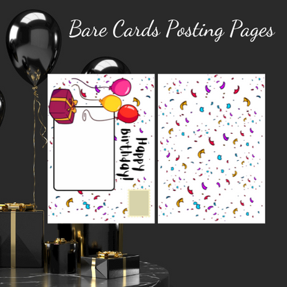 Image shows the unique Bare Cards Posting Pages for the Party Princess Range - colourful confetti covers both posting pages with balloons and a present on the front with the words Happy Birthday and a white space for address and image of stamp.