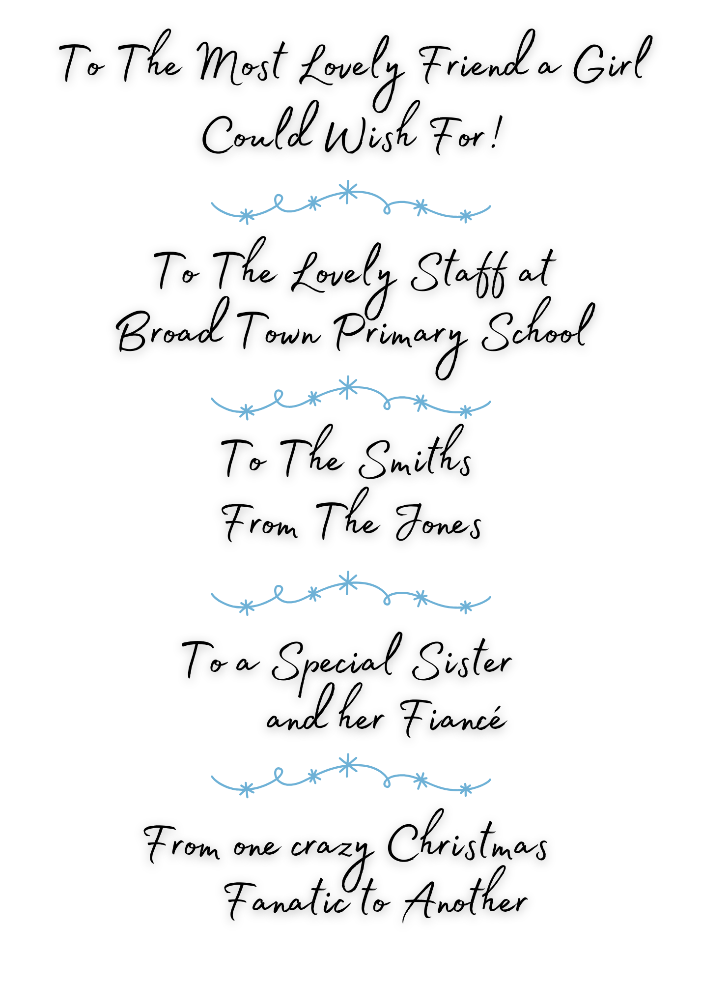 Examples of personalised messages for self-sealing Christmas Cards