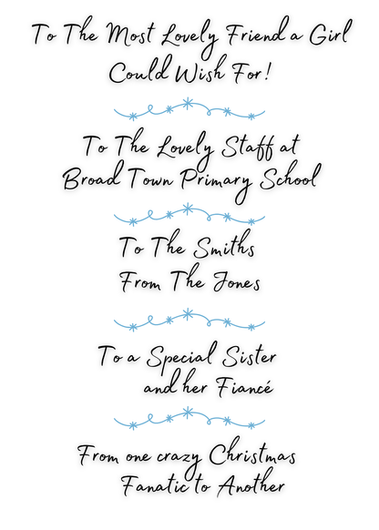 Examples of personalised messages for self-sealing Christmas Cards