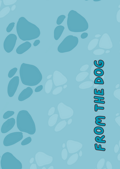 Image shows the back of the Bare Cards Self-seal envelope for the 'From the Dog' range in blue with paw prints and the words 'From the Dog'