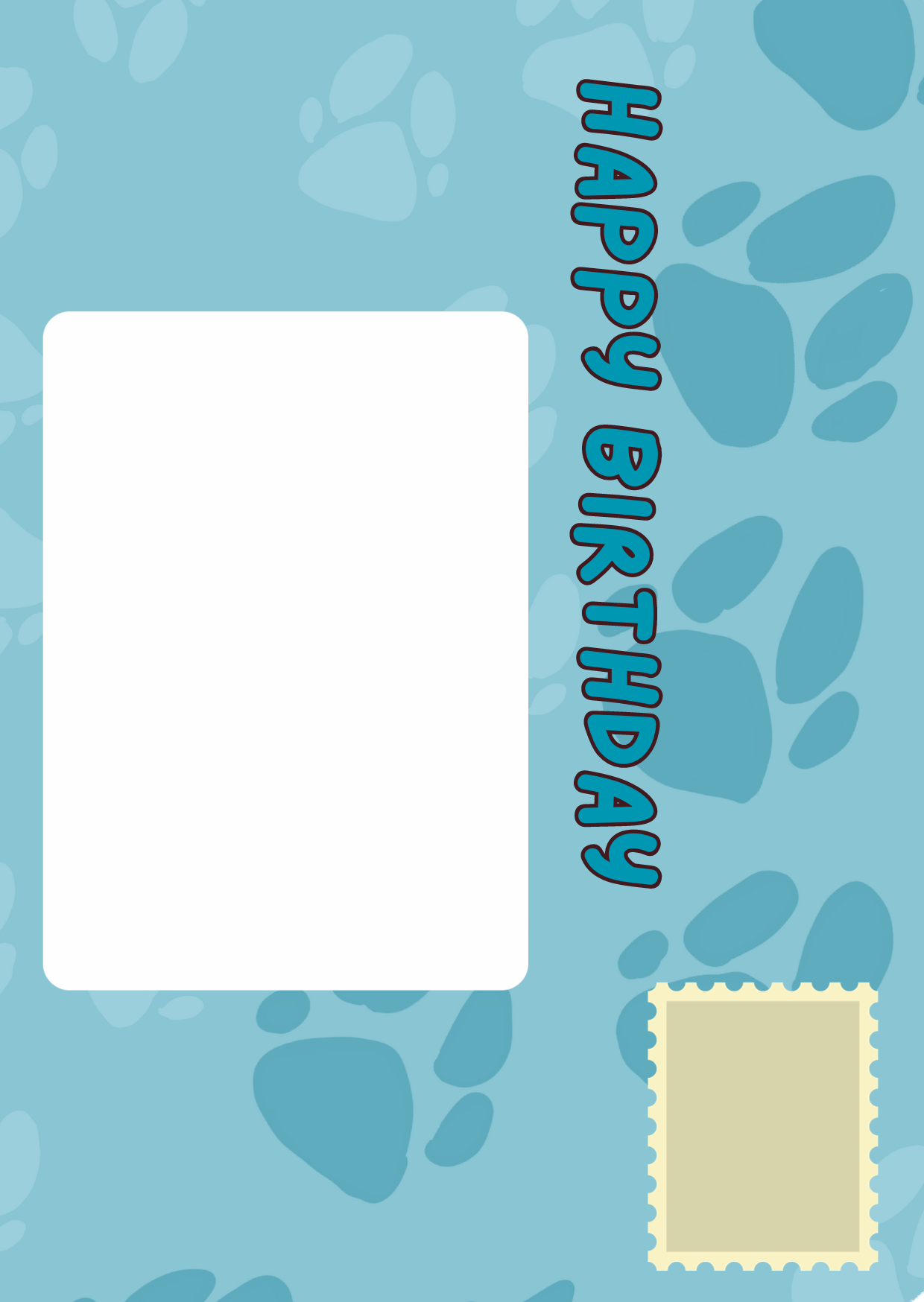 Image shows the front of the Bare Cards Self-seal envelope for the 'From the Dog' range in blue with paw prints and the words 'Happy Birthday'. Also features white rectangle to write address and stamp outline.