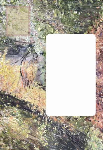 A close up image of the front of the Bare Cards self-sealing envelope panel in the Sue O'Sullivan Art Collection showing a textured painting of a forest woodland scene, and featuring a large blank white rectangular placeholder over the center and a small square placeholder in the upper left.
