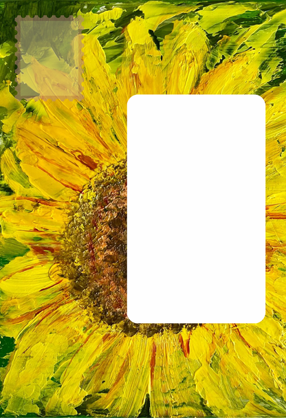 A close up image of the front of the Bare Cards self-sealing envelope panel in the Sue O'Sullivan Art Collection showing a textured painting of a sunflower with thick yellow and green brushstrokes, and featuring a large blank white rectangular placeholder over the center and a small square placeholder in the upper left.