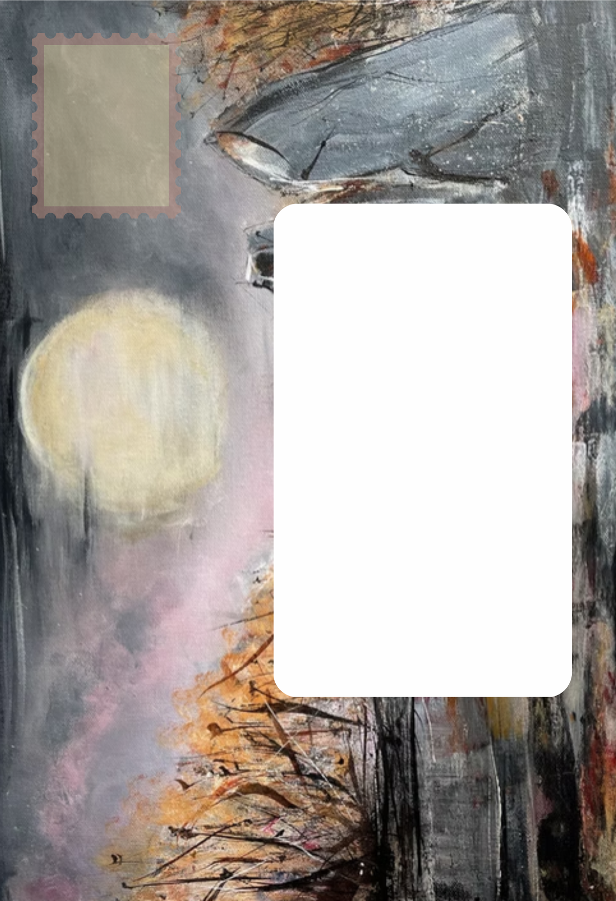 An abstract art print  featuring a textured composition with a large white rounded rectangle overlay, a pale yellow moon-like circle on the left, and brushstrokes in gray, black, pink, orange, and brown.