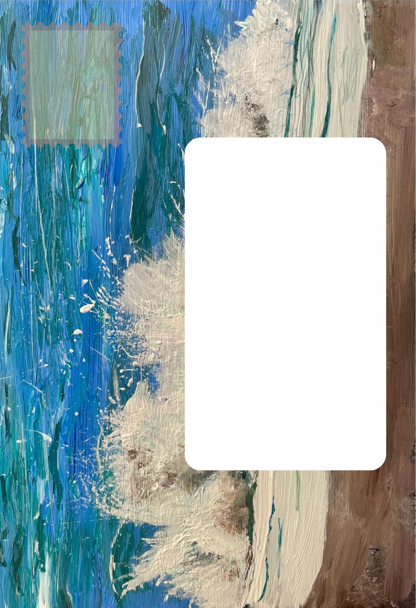 A close up image of the front of the Bare Cards self-sealing envelope panel in the Sue O'Sullivan Art Collection showing a textured painting of a waves crashing onto the shore, and featuring a large blank white rectangular placeholder over the center and a small square placeholder in the upper left.