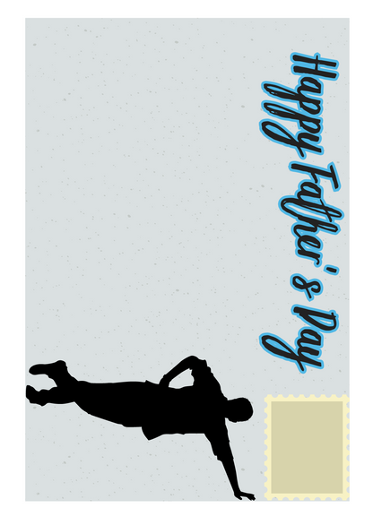 front of envelope panel showing silhouette of Dad leaning up against side of card and the Text 'Happy Father's Day'. Space to add stamp shown via outline.