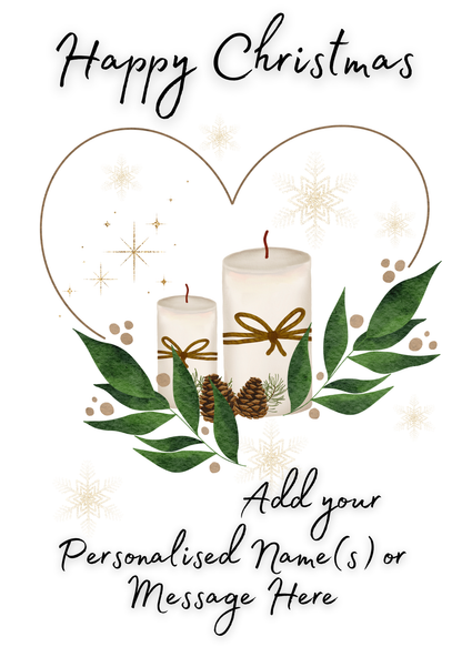Self-Sealing Christmas card with candles, greenery, and space to add a personalized message on a white background.