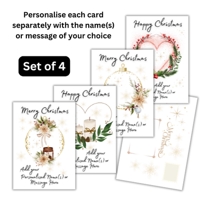 Personalised traditional Christmas card bundle of 4 self-sealing cards with festive bauble, candle and wreath designs, customised with names or messages, no envelopes needed.