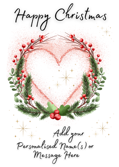 Self-Sealing Christmas card with a heart-shaped wreath of holly and greenery, featuring 'Happy Christmas' text and space for personalization.