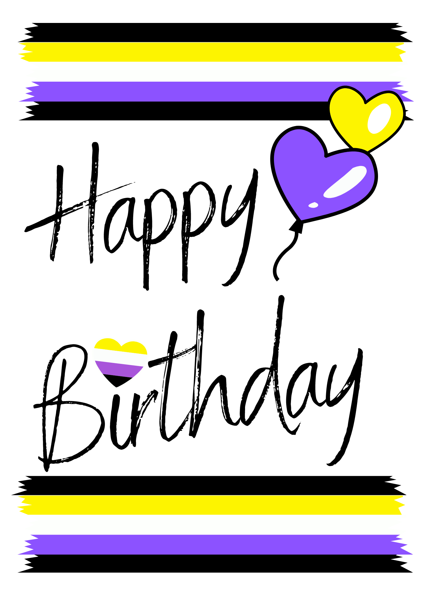 Bare Cards non binary birthday card with a striped background in non binary colours featuring purple and yellow heart balloons and the text 'Happy Birthday'.