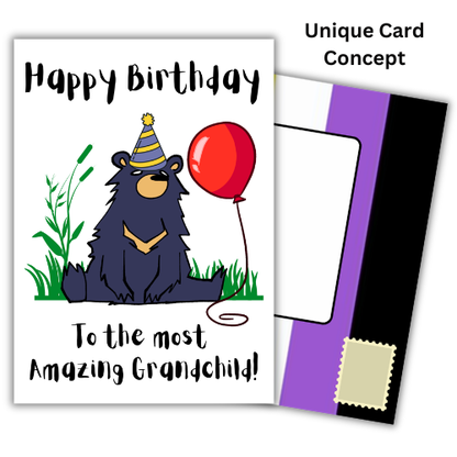 Bare Cards Self-sealing Gender Neutral Birthday Card for Grandchild featuring a moon bear holding a red balloon and he caption 'Happy Birthday to the most amazing grandchild' shown with non-binary flag built-in posting covers.