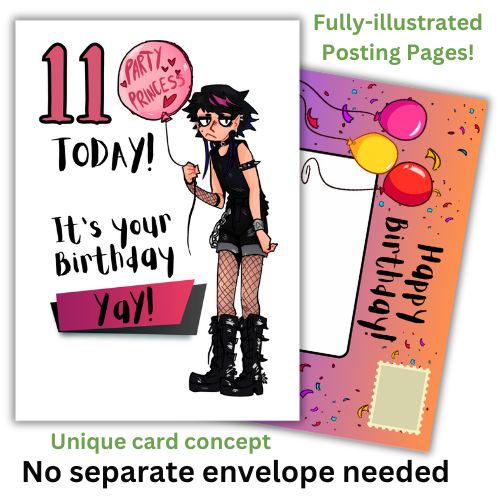 Image features the front of the Bare Cards 11th Birthday Goth Girl for the 'Party Princess'. Picture shows a 7.5 x 5 inch card with a gothic looking teenager holding a pink balloon with the words 'Party Princess' written on it. It's on a white Background and features the caption '11 today! It's your birthday Yay!'.
Behind the card is an image of the posting page, which is orange and purple, covered in confetti and features three balloons, an address box and a place to put the stamp.