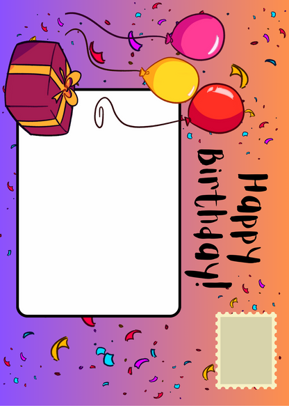 Image shows the front of the Goth Girl Posting Cover. It shows multi-coloured confetti on a background which fades from purple to orange, with a picture of a marron present tied with a gold bow and three balloons which are red, pink and yellow. There is a space showing where to affix the stamp and a white address box. The caption reads 'Happy Birthday'.