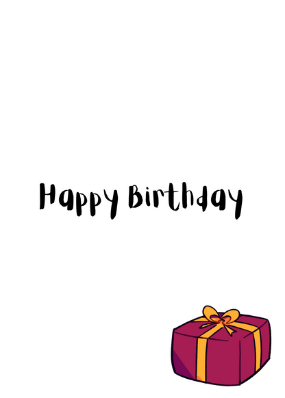 The image shows the inside verse page of the Bare Cards Goth Girl Birthday range. It features the caption 'Happy Birthday' on the 7.5x5 inch page and a picture of a maroon present tied with a gold bow.