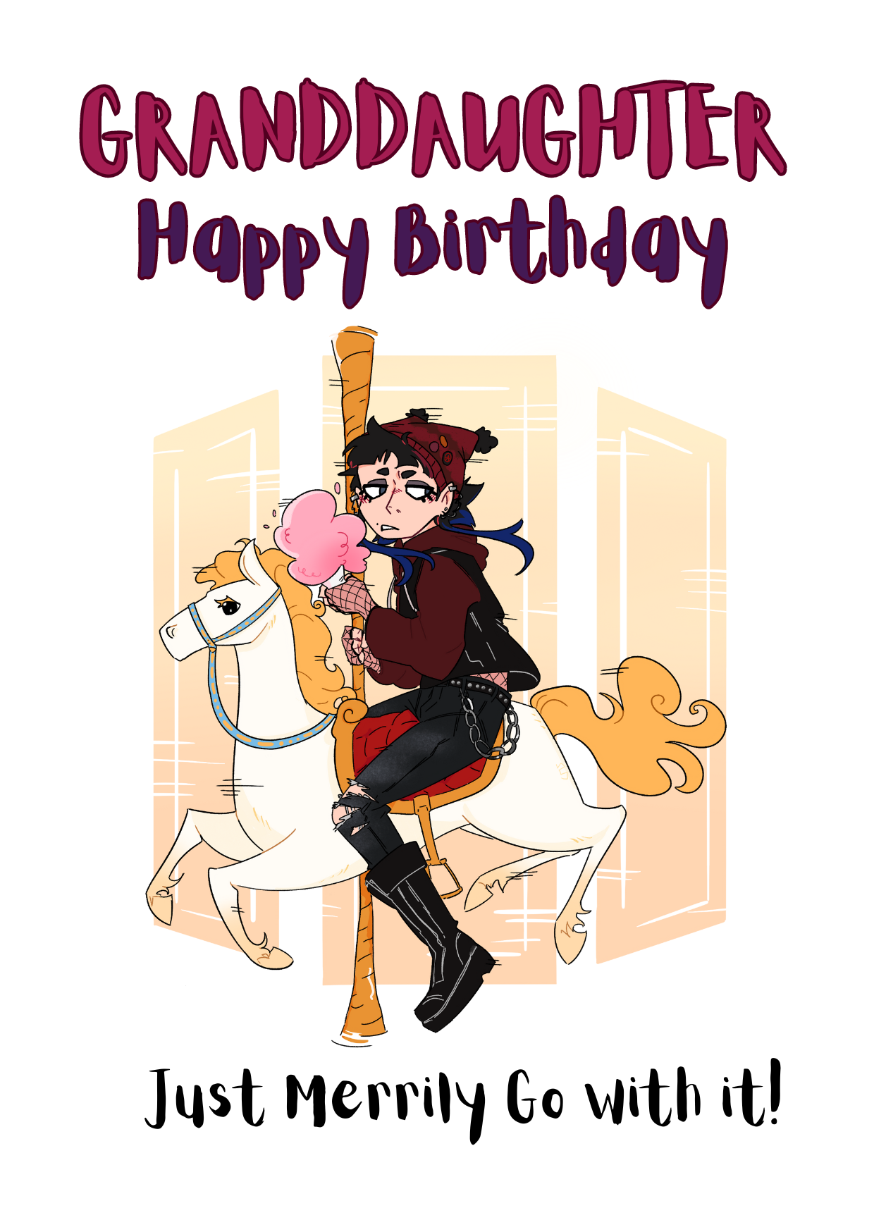 The image shows the front of the Bare Cards Granddaughter Birthday card perfect for the goth girl. Picture on card shows a gothic girl in black and burgandy on a merry-go-round holding candy floss and looking very grumpy. The Caption reads "Granddaughter Happy Birthday. Just Merrily Go with it!"
