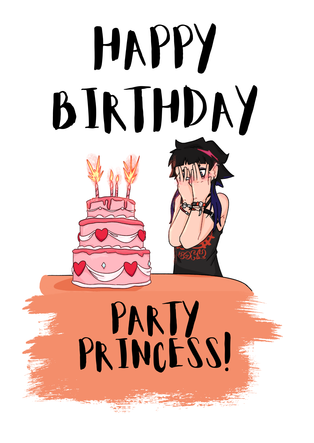The image shows the front of the Bare Cards Birthday card perfect for the 'goth girl'. Picture on card shows a gothic girl in black holding her hands in front of her face in horror at her inappropriate pink tiered birthday cake, which is covered in hearts, white ribbon and candles. The Caption reads "Happy Birthday. Party Princess!