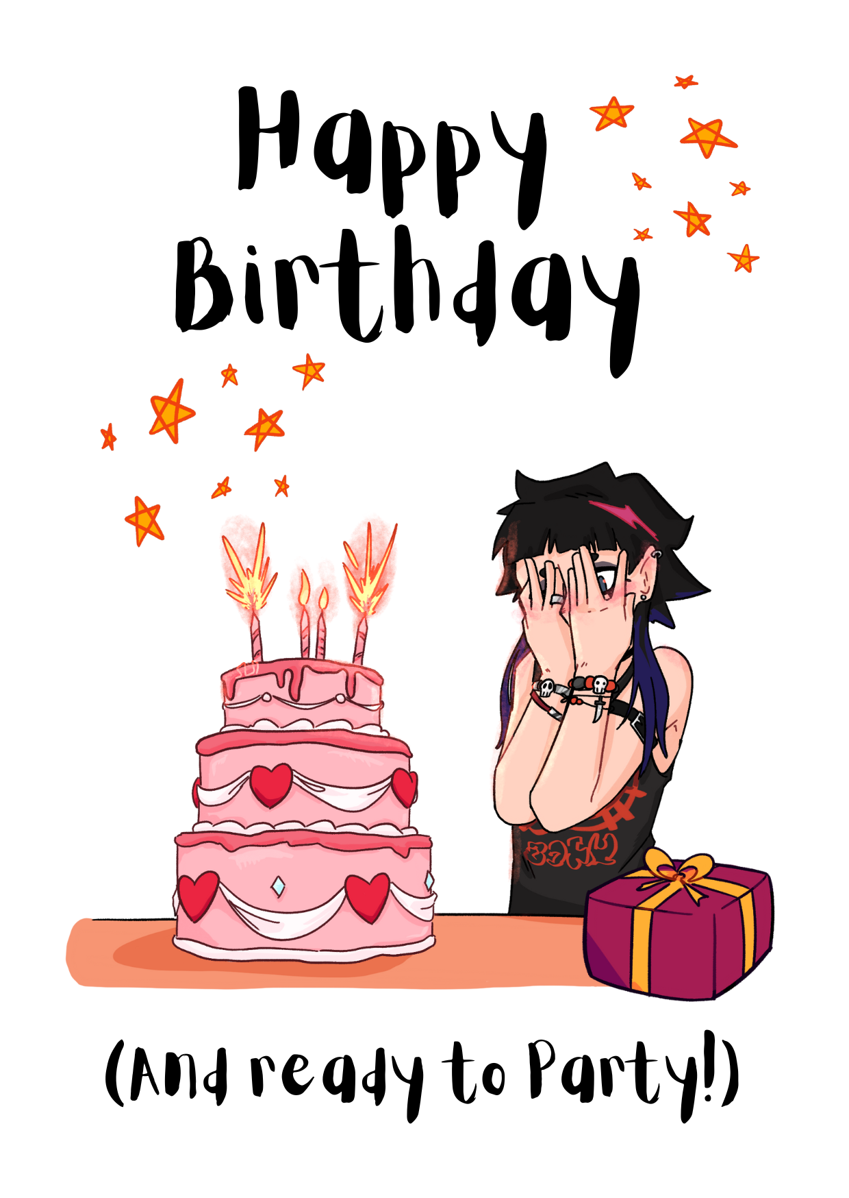 The image shows the front of the Bare Cards Birthday card perfect for the 'goth girl'. Picture on card shows a gothic girl in black holding her hands in front of her face in horror at her inappropriate pink tiered birthday cake, which is covered in hearts, white ribbon and candles. The Caption reads "Happy Birthday. (And ready to Party!)