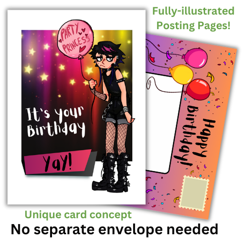 Image features the front of the Bare Cards Open Birthday Goth Girl for the 'Party Princess'. Picture shows a 7.5 x 5 inch card with a gothic looking teenager holding a pink balloon with the words 'Party Princess' written on it. It's on a pink and black Party Background with lights and stars and features the caption 'It's your Birthday. Yay!Behind the card is an image of the posting page, which is orange and purple, covered in confetti and features three balloons, an address box and a place to put the stamp.
