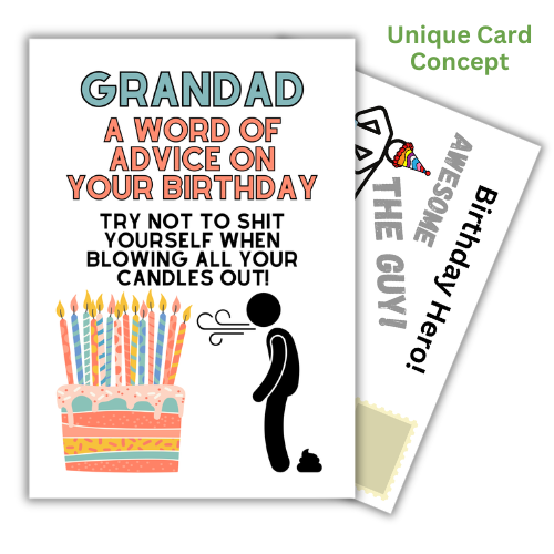 Funny male humour self-sealing birthday card for Grandad, Word Of Advice design, UK-made eco-friendly card