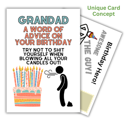 Funny male humour self-sealing birthday card for Grandad, Word Of Advice design, UK-made eco-friendly card