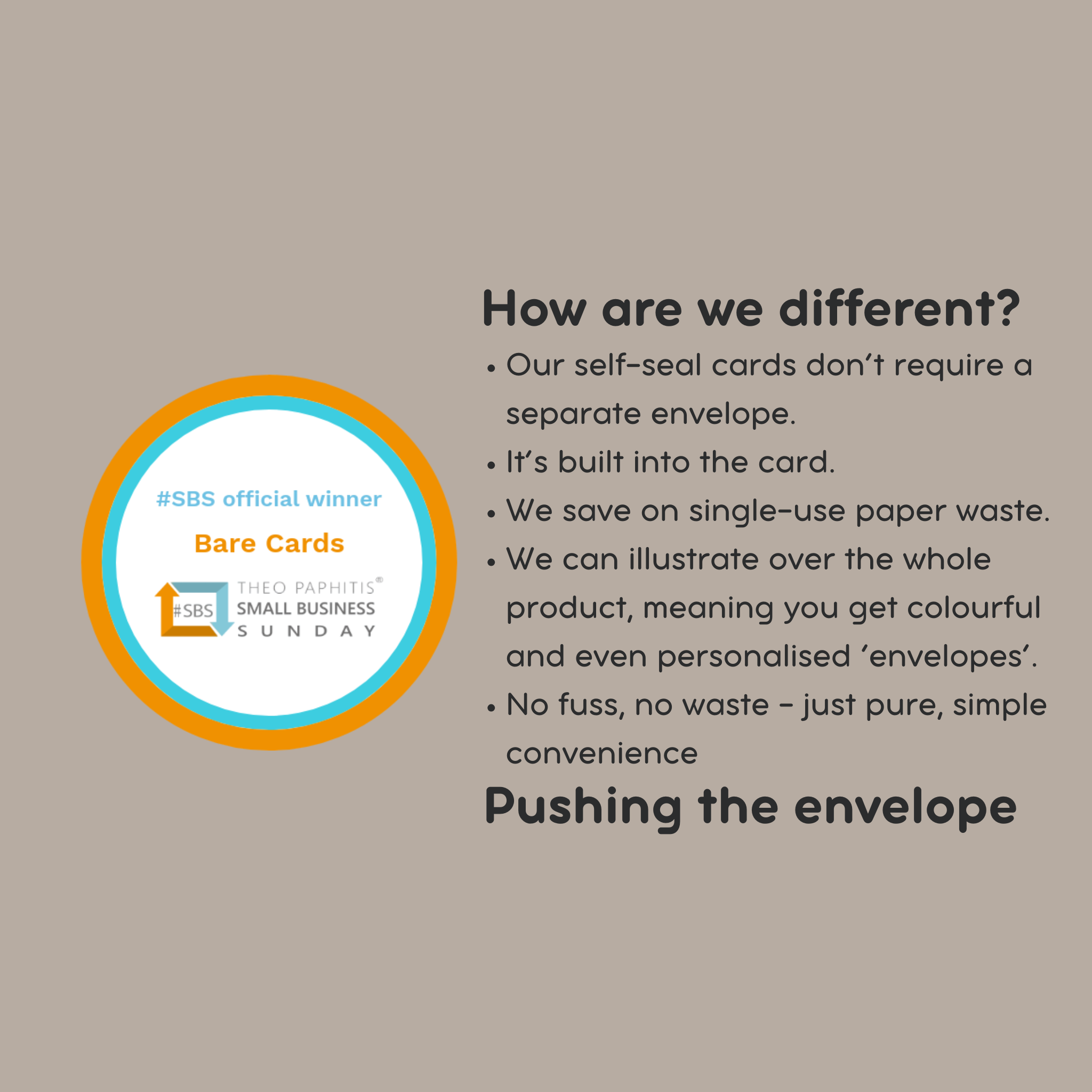 Promotional graphic for Bare Cards with text about their unique features on a beige background.