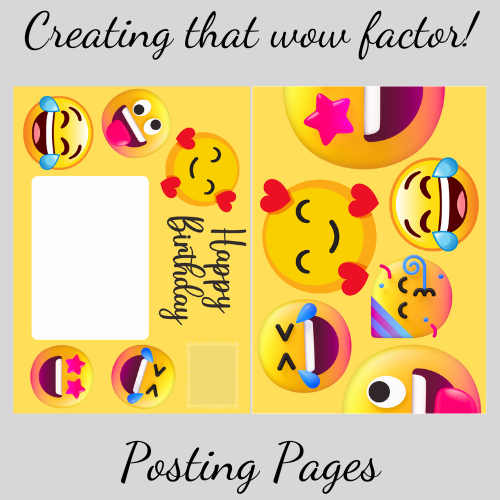 Image shows front of posting pages with yellow background and positive emojis. There is a white rectangle space for address and marker for stamp. Message reads Happy Birthday
