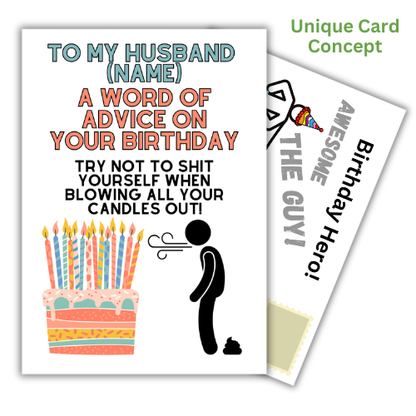 Funny male humour self-sealing birthday card for husband, Word Of Advice design, UK-made eco-friendly card