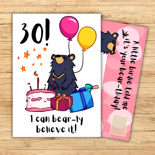 Funny 30th Birthday Card with Moon Bear Design and Bear Jokes