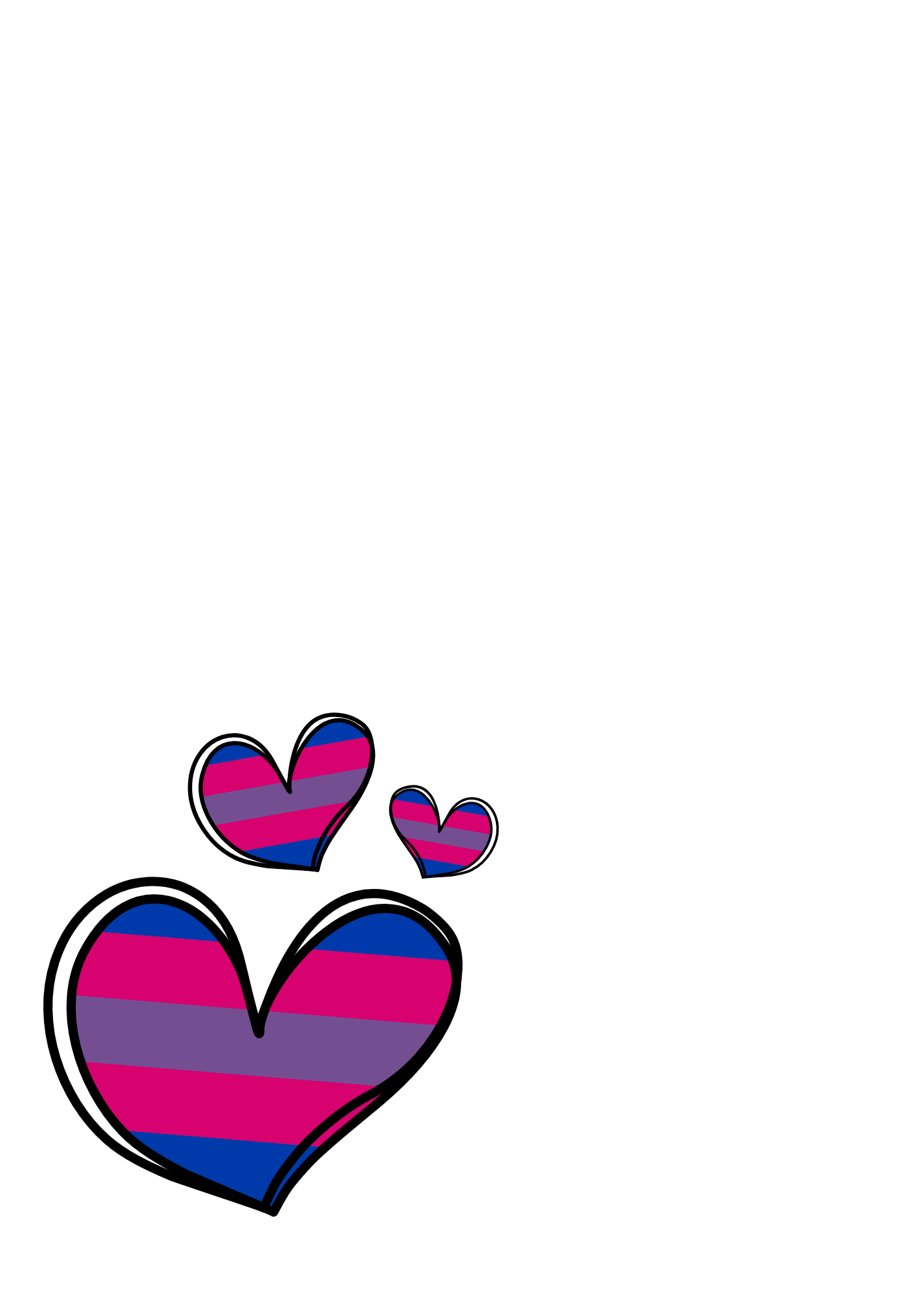 Bisexual Birthday Card insert with three striped hearts in pink, blue, and purple on a white background