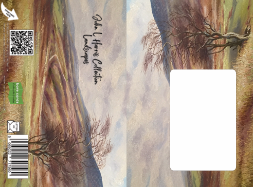 Envelope cover for the John L Harris Landscape greetings cards with artistic painting depiction of trees and landscape, featuring a QR code and barcode.